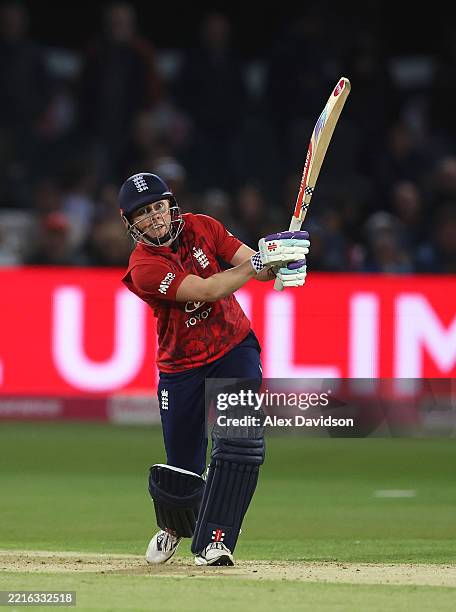 Heather Knight of England bats during the 1st Women's Vitality IT20 between England and West Indies at The Spitfire Ground on May 21, 2025 in...