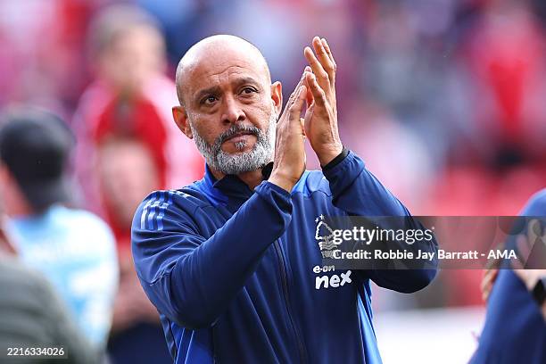Nuno Espírito Santo the head coach / manager of Nottingham Forest applauds the fans at full time during the Premier League match between Nottingham...