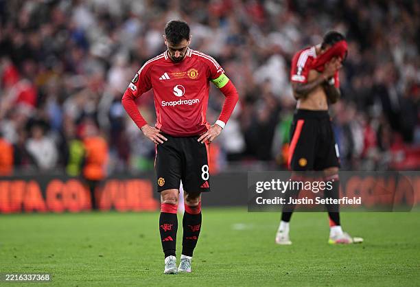 Bruno Fernandes of Manchester United reacts at the final whistle during the UEFA Europa League Final 2025 between Tottenham Hotspur and Manchester...