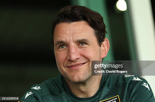 Phil Dowson, the Northampton Saints director of rugby faces the media during the Northampton Saints training session/press conference at cinch...