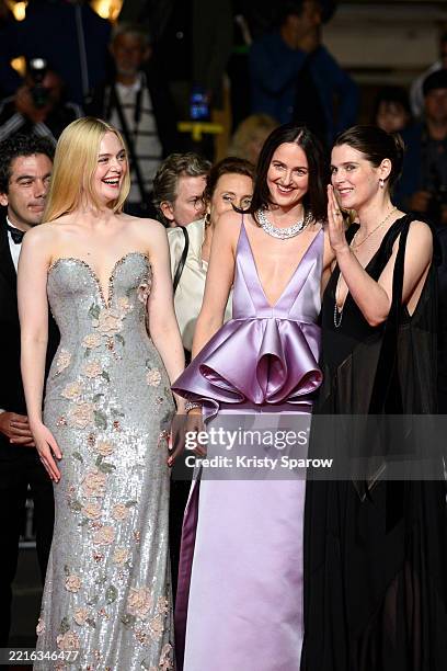 Elle Fanning, Renate Reinsve and Inga Ibsdotter Lilleaas attend the "Affeksjonsverdi" red carpet at the 78th annual Cannes Film Festival at Palais...
