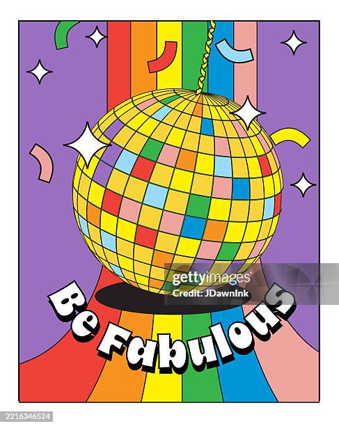 ilustraciones, imágenes clip art, dibujos animados e iconos de stock de feliz mes del orgullo colorido be fabulous fondo de plantilla de diseño de cartel de bola de discoteca con texto abstracto del arco iris - símbolo del orgullo gay