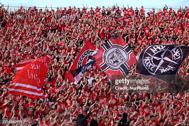 Fans are present during the Sesame Bulgaria Cup final soccer match between Ludogorets and CSKA in Sofia, Bulgaria, on May 22, 2025.