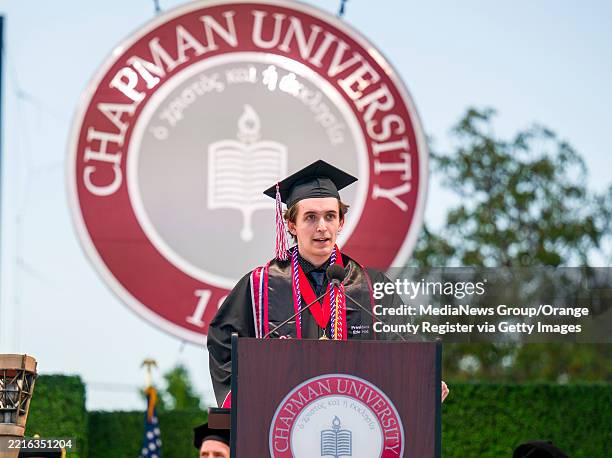 Eric Hall, Student Government President, speaks during the Chapman University Commencement Ceremony on Wilson Field at Chapman University in Orange...