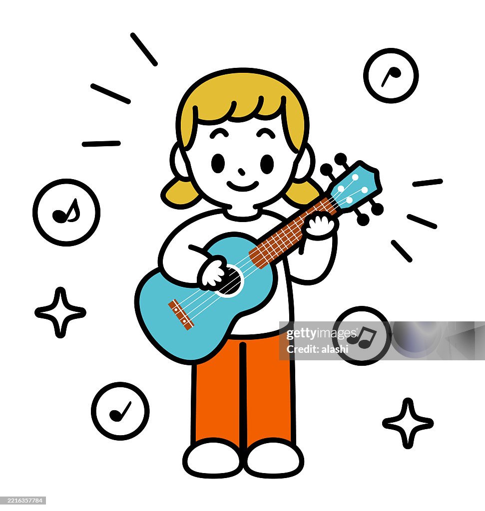 A cute girl playing ukulele, singing, smiling, and standing. Front view, black outline with flat colors, minimalist style