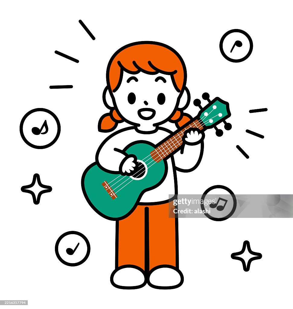 A cute girl playing ukulele, singing, smiling, and standing. Front view, black outline with flat colors, minimalist style