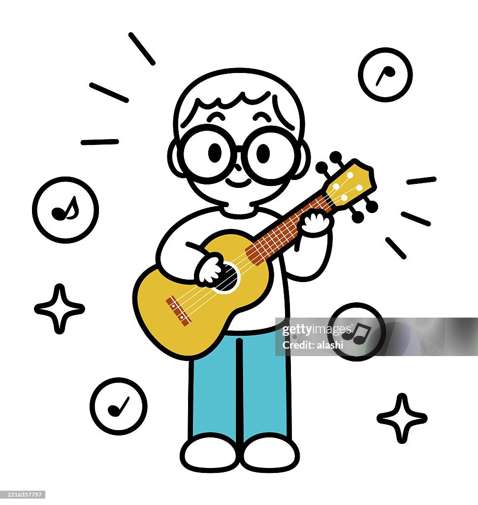 A cute boy playing ukulele, singing, smiling, and standing. Front view, black outline with flat colors, minimalist style