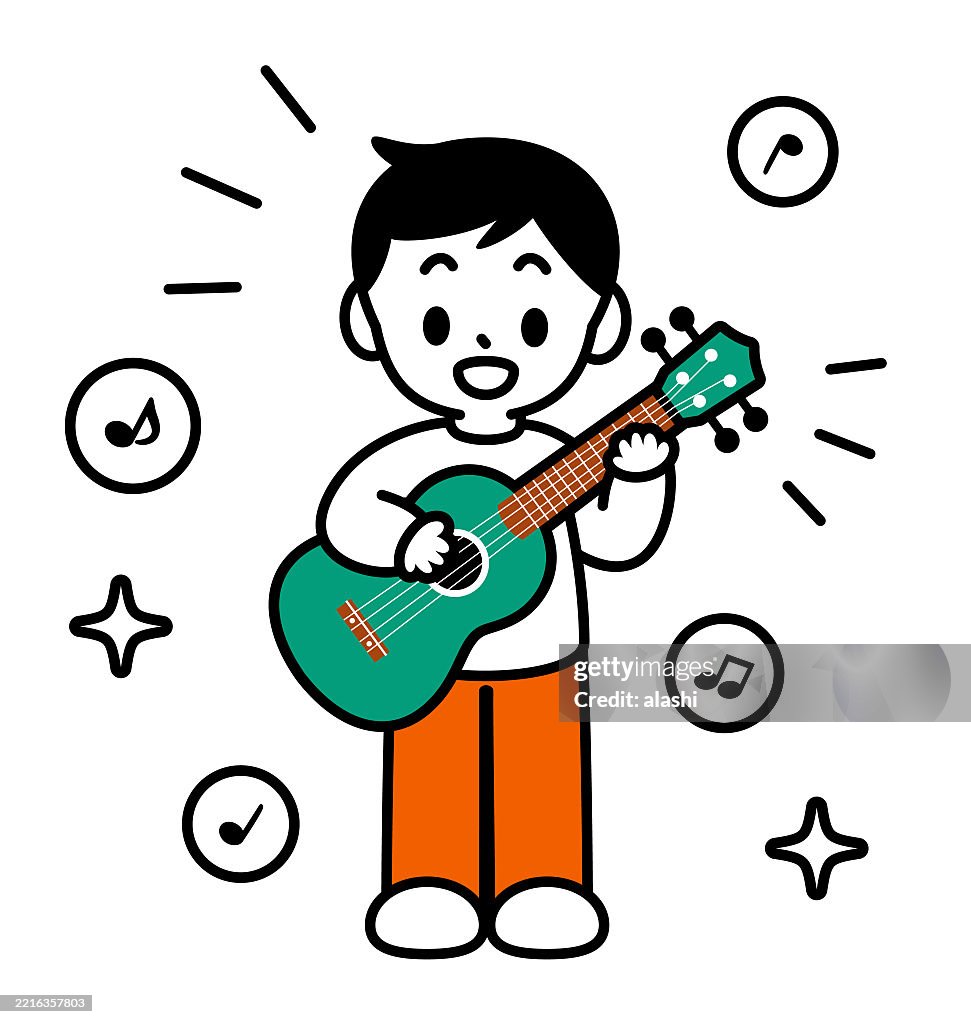 A cute boy playing ukulele, singing, smiling, and standing. Front view, black outline with flat colors, minimalist style