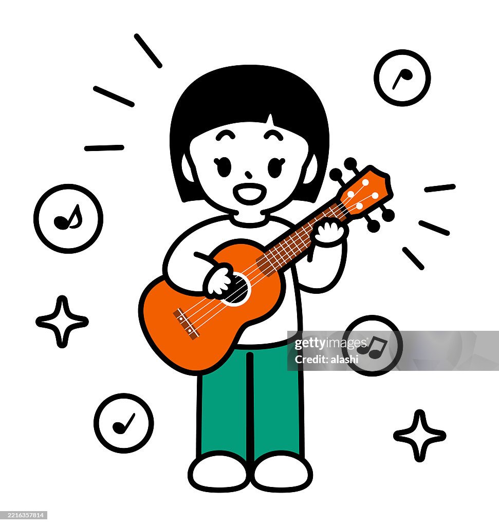 A cute girl playing ukulele, singing, smiling, and standing. Front view, black outline with flat colors, minimalist style
