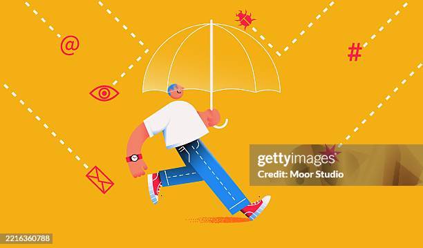 man protecting from computer viruses and spam with umbrella - ransomware stock illustrations