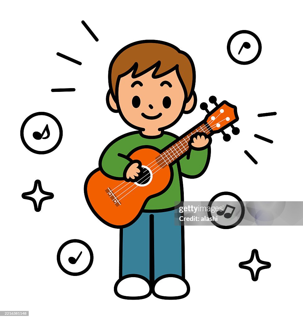 A cute boy playing ukulele, singing, smiling, and standing. Front view, black outline with flat colors, minimalist style