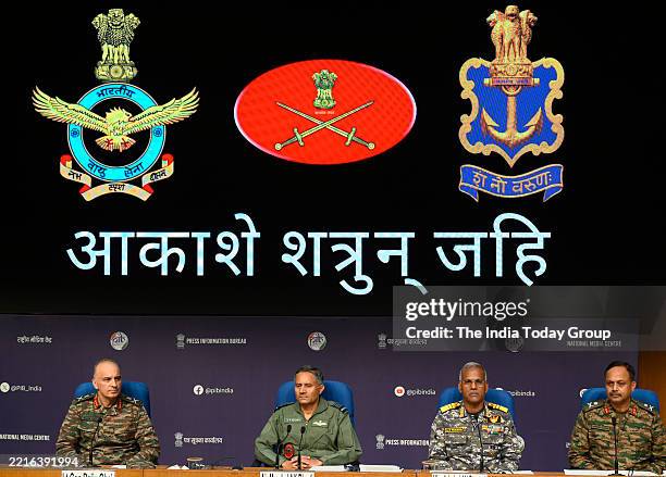 New Delhi, India – May 12: DGMO Lieutenant General Rajiv Ghai, Air Marshal AK Bharti, Vice Admiral AN Pramod and Major General SS Sharda during the...