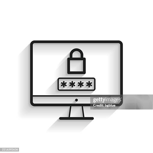 desktop computer with password. line icon with long shadow on white background - computer lock white background stock illustrations
