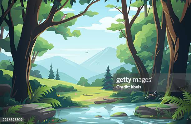 ilustrações de stock, clip art, desenhos animados e ícones de forest stream in mountain landscape - mata