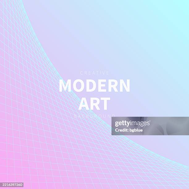geometric background with curved 3d grid - trendy pink gradient - 3d 80s pattern stock illustrations