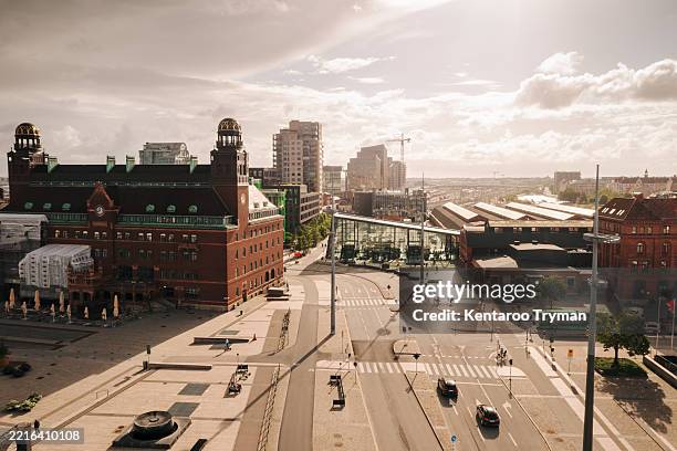 aerial view of a central train station in the middle of a big city. - malmo stock pictures, royalty-free photos & images
