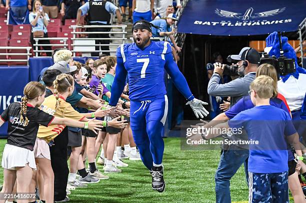 St. Louis Battlehawks Defensive End Pita Taumoepenu gets introduced as a starter during a week eight matchup where the St. Louis Battlehawks hosted...