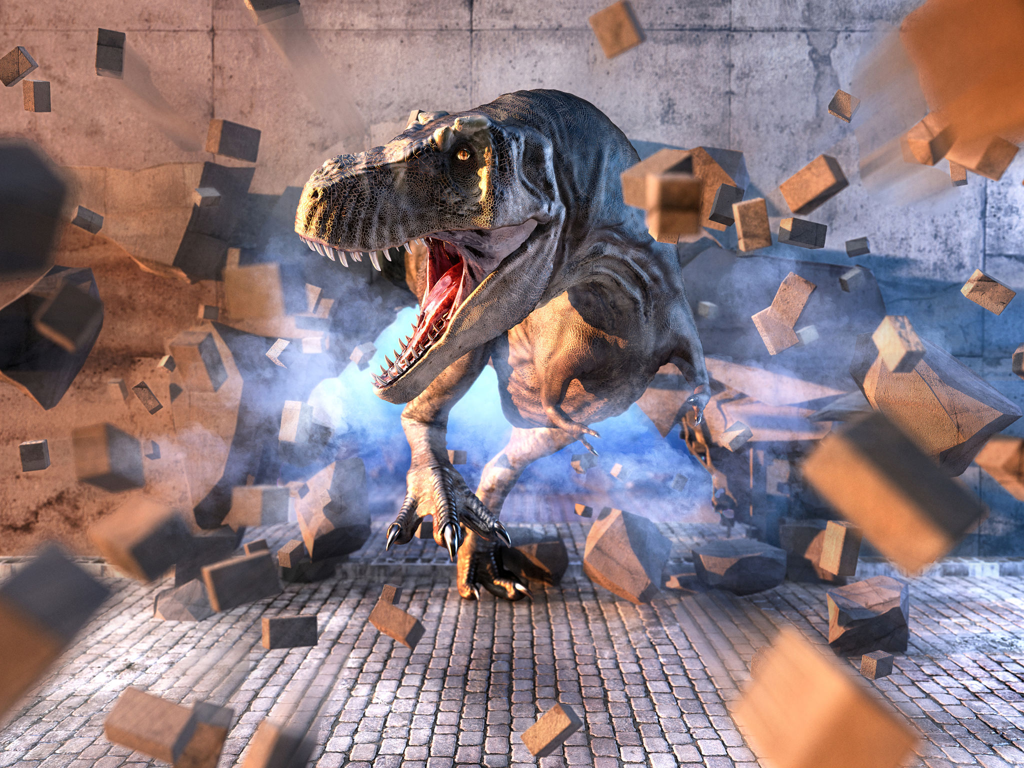 Tyrannosaurus Rex, 3D rendering. Ferocious dinosaur breaking through wall, surrounded by flying debris. Tyrannosaurus Rex, 3D rendering. Ferocious dinosaur breaking through wall, surrounded by flying debris.