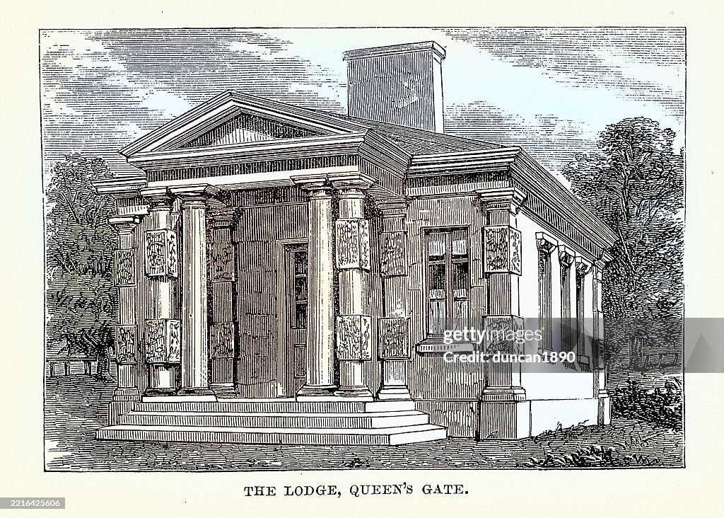 History Victorian English Architecture, Lodge at Queen's Gate, Kensington Gardens, London, Victorian, 19th Century, Vintage illustration, 1860s