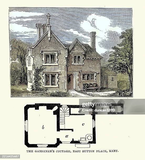 history victorian english architecture, gardener's cottage, east sutton place, kent, victorian, 19th century, vintage illustration, 1860s - ski lodge stock illustrations