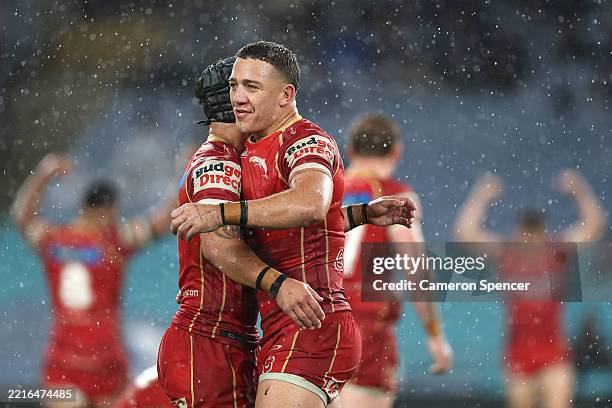 Kurt Donoghoe of the Dolphins celebrates after winning the round 12 NRL match between Canterbury Bulldogs and Dolphins at Accor Stadium on May 22 in...