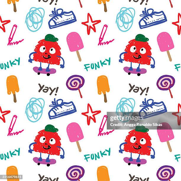 illustrations, cliparts, dessins animés et icônes de monstre drôle avec planche à roulettes, crème glacée, chaussures, bonbons, dessin d’enfant coloré étoile motif sans couture - monstre
