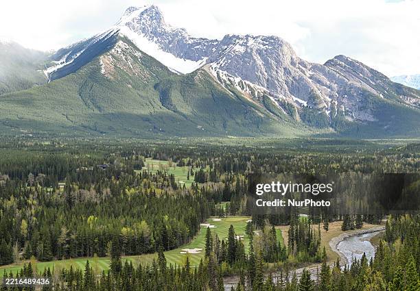 Scenic view from Kananaskis Village, looking toward the Kananaskis Country Golf Course, in the Kananaskis Improvement District, Alberta, Canada, on...