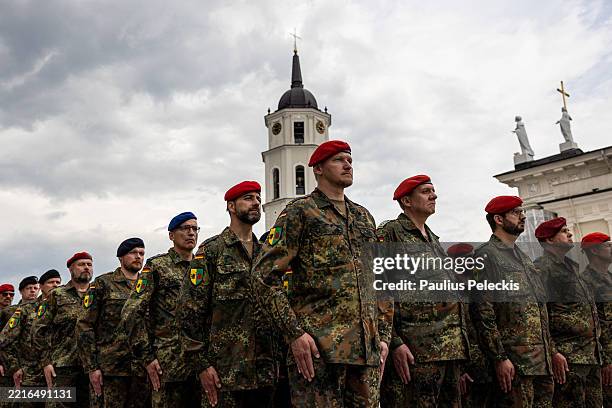 Soldiers of the German 45th Armoured Brigade of the Bundeswehr at a ceremonial roll-call on May 22, 2025 in Vilnius, Lithuania. Germany, which leads...