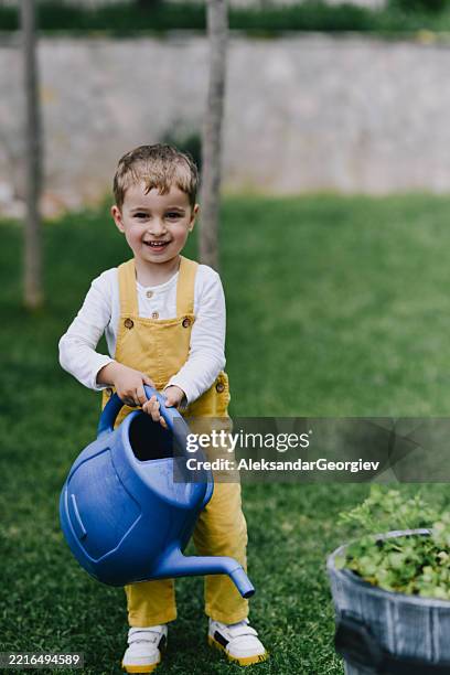 cute toddler boy holding watering can taking care of plants outdoors - child boy overalls stock pictures, royalty-free photos & images
