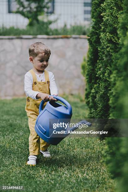 cute little boy pouring water from his can learning to care for plants - watering can stock pictures, royalty-free photos & images
