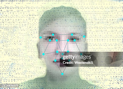 Face with facial recognition pattern and computer glitch effect Face with facial recognition pattern and computer glitch effect