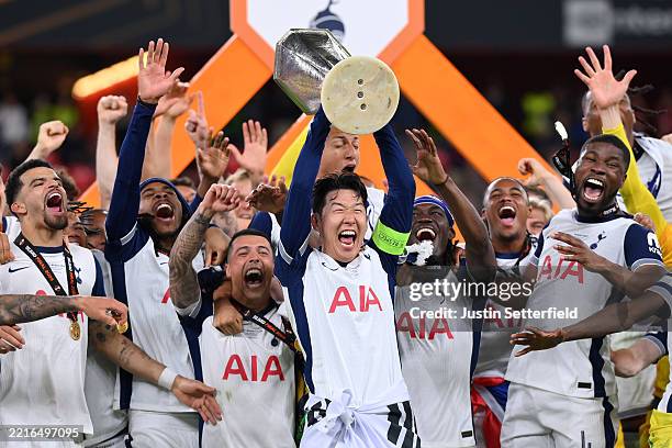 Son Heung-Min of Tottenham Hotspur lifts the Europa League trophy after winning the UEFA Europa League Final 2025 between Tottenham Hotspur and...
