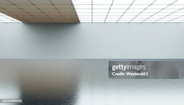 modern illuminated minimalist interior 3d rendering with reflective floor and geometric design - white ceiling stock illustrations