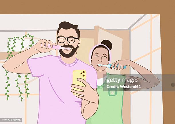 illustration of a couple brushing their teeth at home, looking at each other in the mirror - brushing teeth in mirror stock illustrations