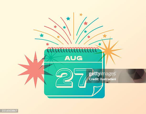 august 27 daily festive calendar icon with stars and fireworks - number 27 stock illustrations