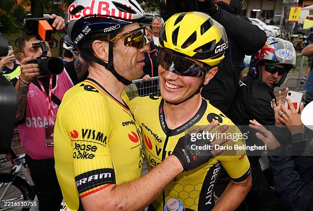 Stage winner Olav Kooij of Netherlands and Team Visma | Lease a Bike and Wout Van Aert of Belgium celebrate the victory after the 108th Giro d'Italia...