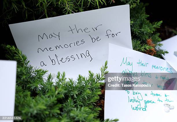 Handwritten notes are left at the site of the recent shooting outside the Lillian and Albert Small Capital Jewish Museum on May 22, 2025 in...