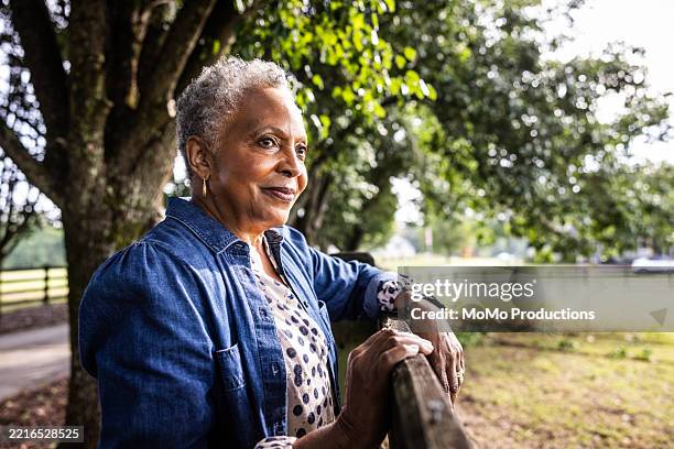 senior woman leaning on fence and looking out over farm pasture - kort hår bildbanksfoton och bilder
