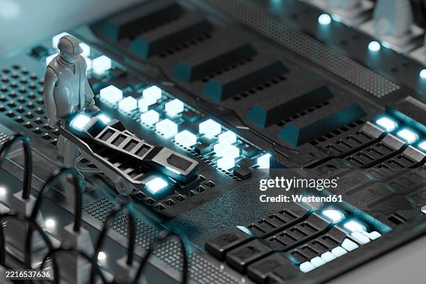 miniature figures working on a glowing circuit board in a 3d futuristic setting - small construction equipment stock illustrations