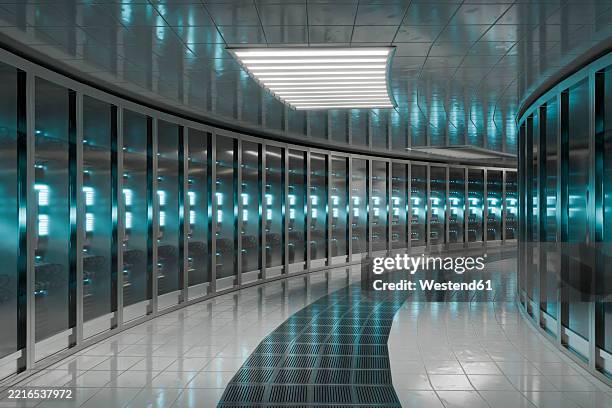 3d Rendering Of A Modern Server Room With Curved Design And Blue ...