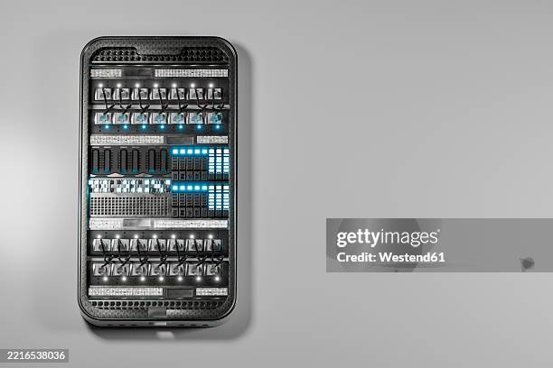 3d rendering of a server on a smartphone with copy space - storage facility stock illustrations