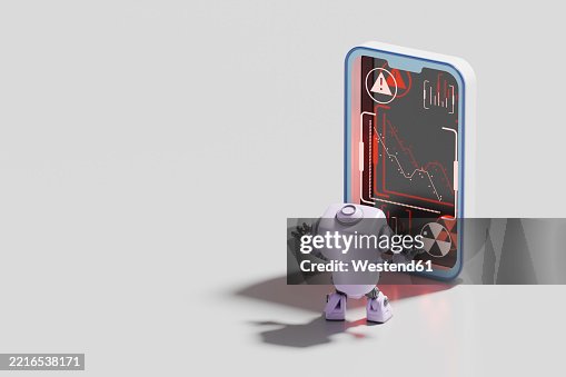 3D rendering of a robot analyzing data on a smartphone screen with warning signs 3D rendering of a robot analyzing data on a smartphone screen with warning signs