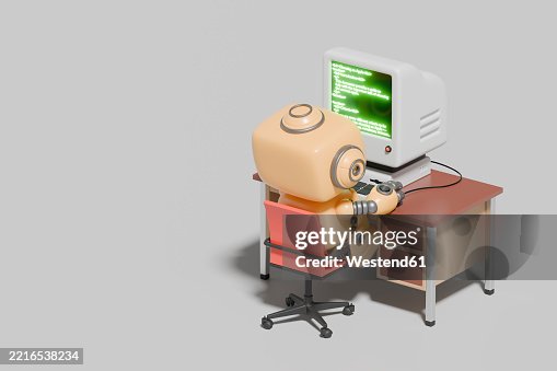 3D rendering of a robot coding at a computer desk 3D rendering of a robot coding at a computer desk