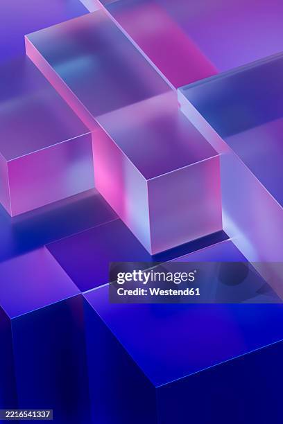 abstract 3d rendering of glass cubes with neon reflections in vibrant colors - cube shape stock illustrations