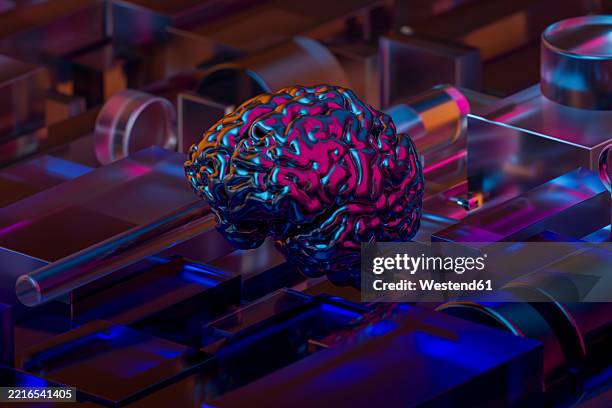 3d rendering of a brain with neon reflections on glass shapes and cylinders - ai stock illustrations