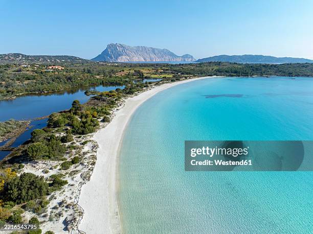 aerial view of cala brandinchi beach with turquoise waters and tavolara island in the background, san teodoro, sardinia, italy - sardenha imagens e fotografias de stock