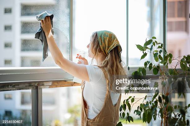 beautiful smiling young woman cleaning and wiping window with spray bottle and rag - rubbing stock pictures, royalty-free photos & images