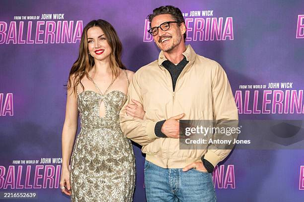 Ana de Armas and Pedro Pascal attend the World Premiere of "Ballerina" at Cineworld Leicester Square on May 22, 2025 in London, England.