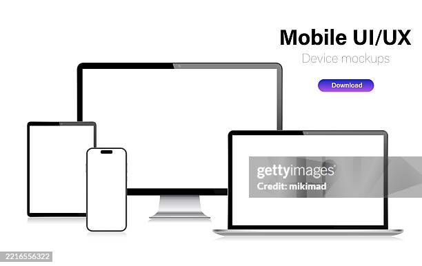 realistic vector mockup digital tablet, mobile phone, smart phone, laptop and computer monitor. ui / ux design. vector illustration, modern digital devise, digital template. stock illustration. eps 10. - ipad angle stock illustrations