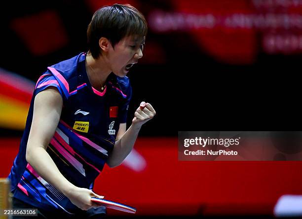 Wang Manyu of China competes against Sun Yingsha of China during the women's singles final match of the ITTF World Table Tennis Championships Finals...